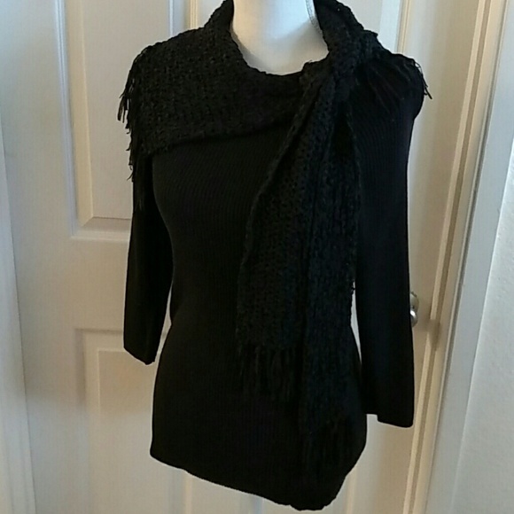POPulation Black Ribbed Knit Sweater with Attached Fringed Scarf Collar Size L - Picture 4 of 7